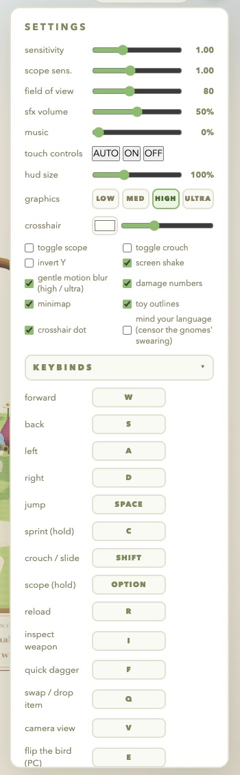 The keybinds section of the gnomble settings panel