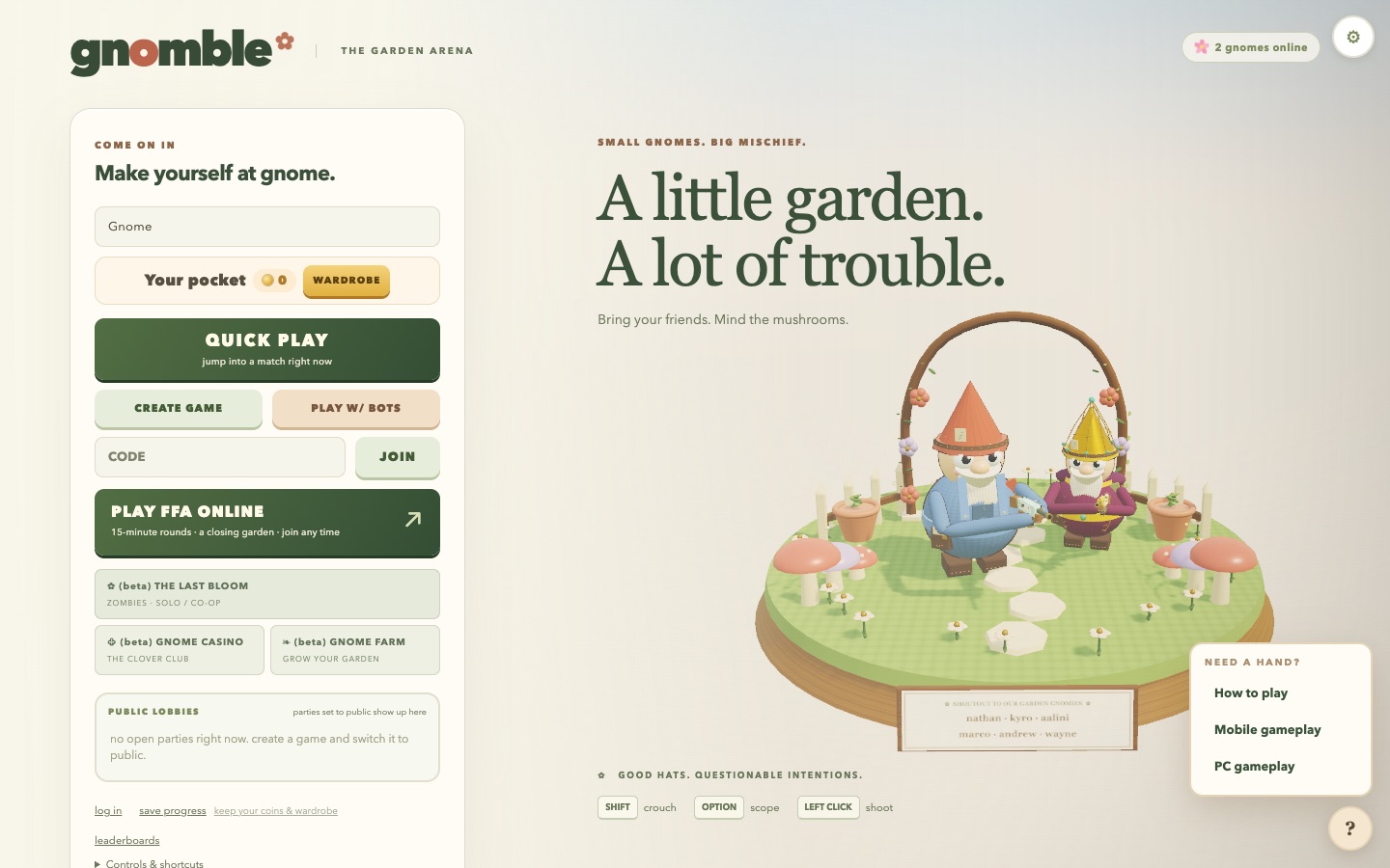 The gnomble landing page with the menu on the left and the gnome diorama on the right