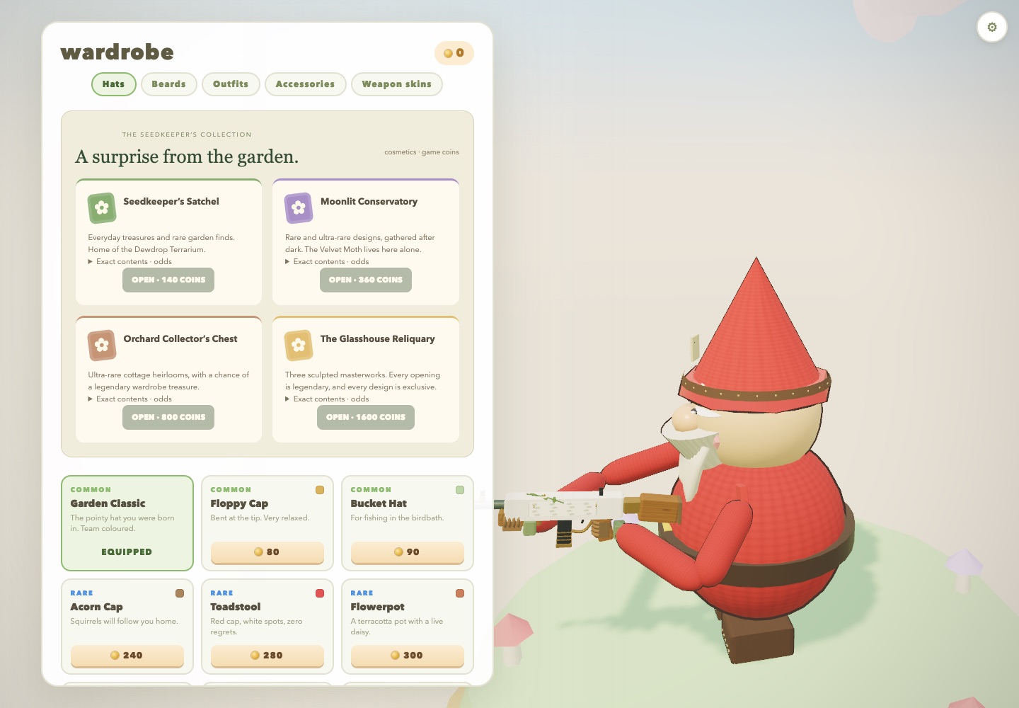 The gnomble wardrobe with categories, the case shop and hats for sale, and a gnome preview on the right